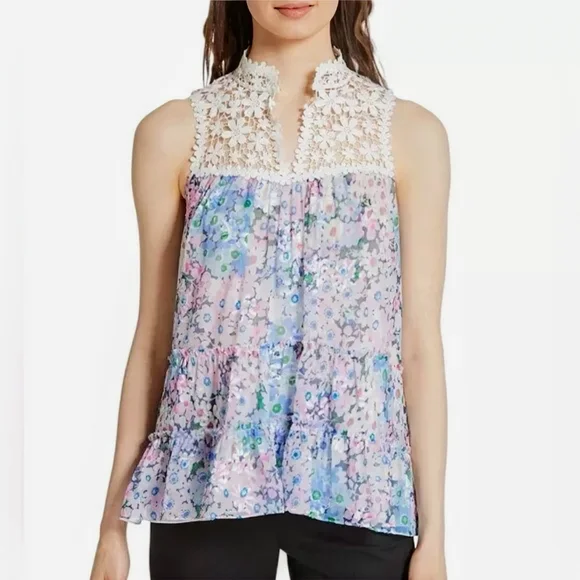 KATE SPADE Silk Lace Devore Blouse WOMEN'S L Pink Daisy Floral Romantic Ruffles - Picture 3 of 16
